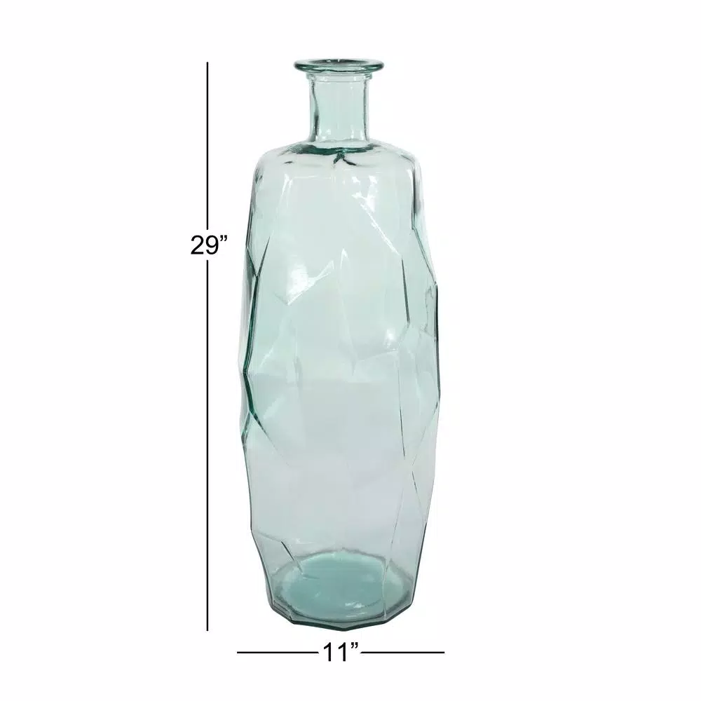 LITTON LANE Extra Large 29" Geometric Soda Lime Glass Flower Vase, Clear with Aquamarine Hue