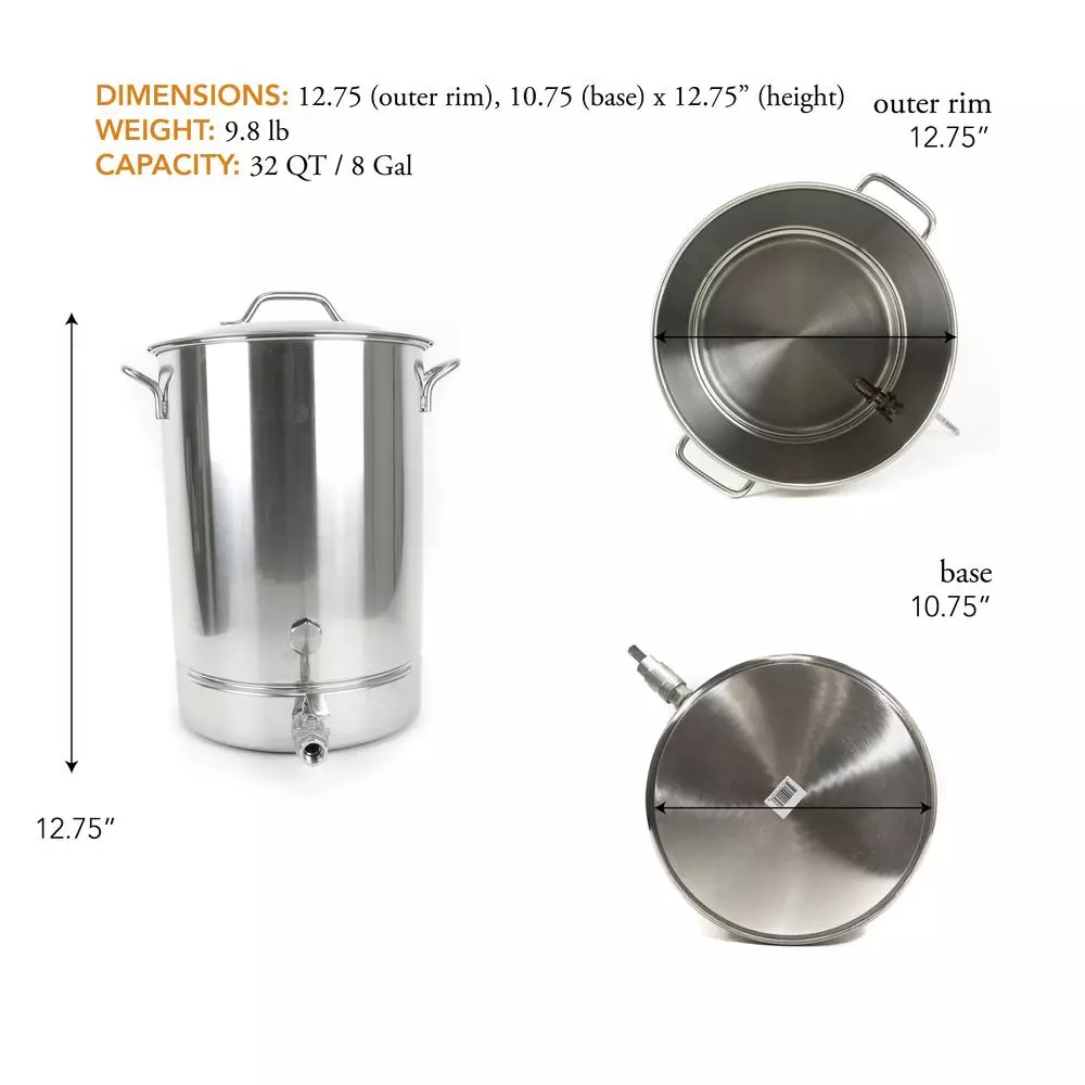 Gas One 32 Qt. Stainless Steel Brew Kettle Set with Tri-Ply Aluminum Bottom and Spigot