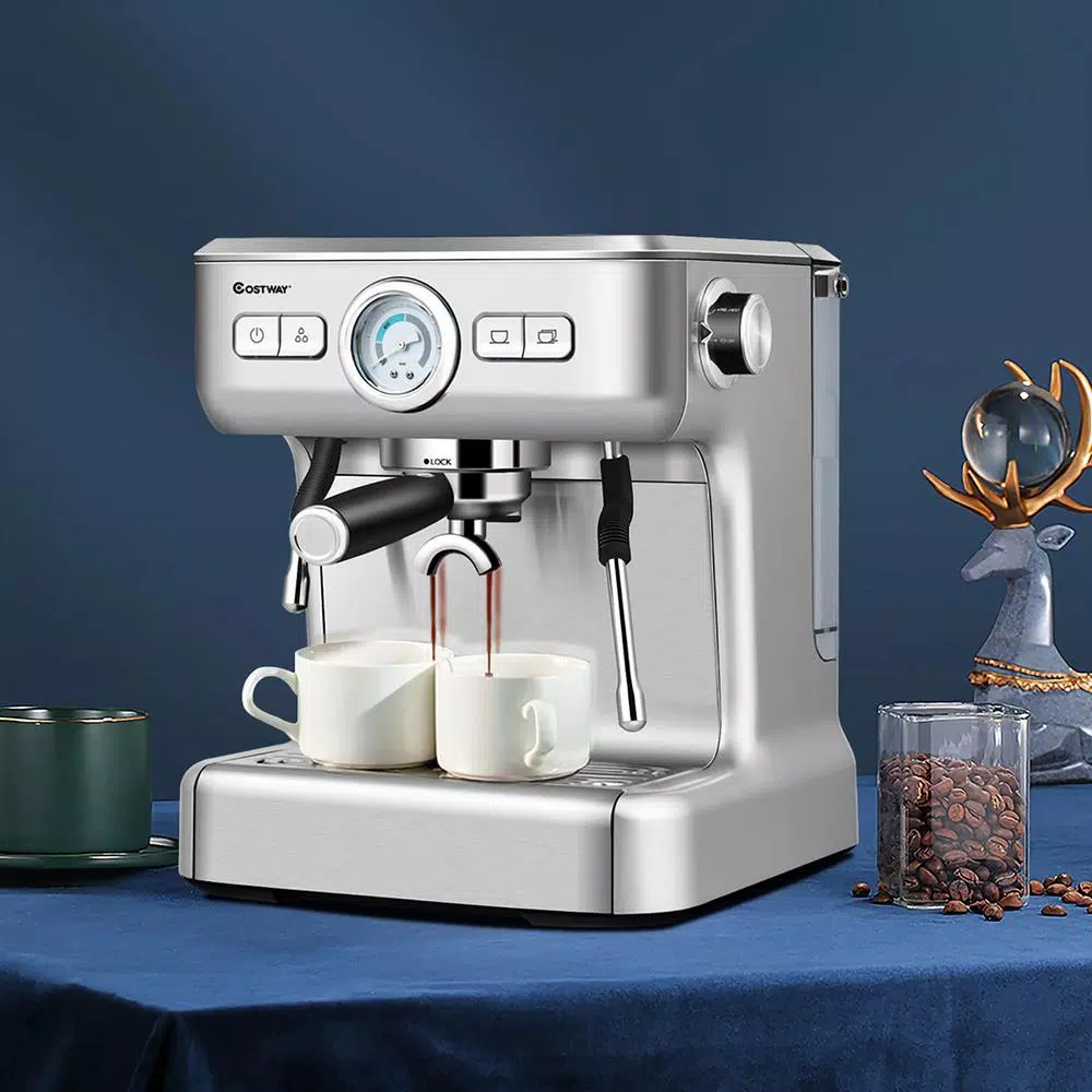 Costway Stainless Steel Semi-Auto Espresso Machine with Milk Frother Wand, 1500W Coffee Maker