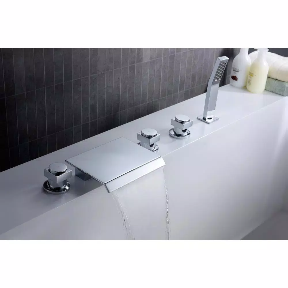 ANZZI Guaira 3-Handle Deck-Mount Roman Tub Faucet with Waterfall Spout and Handheld Sprayer, Polished Chrome