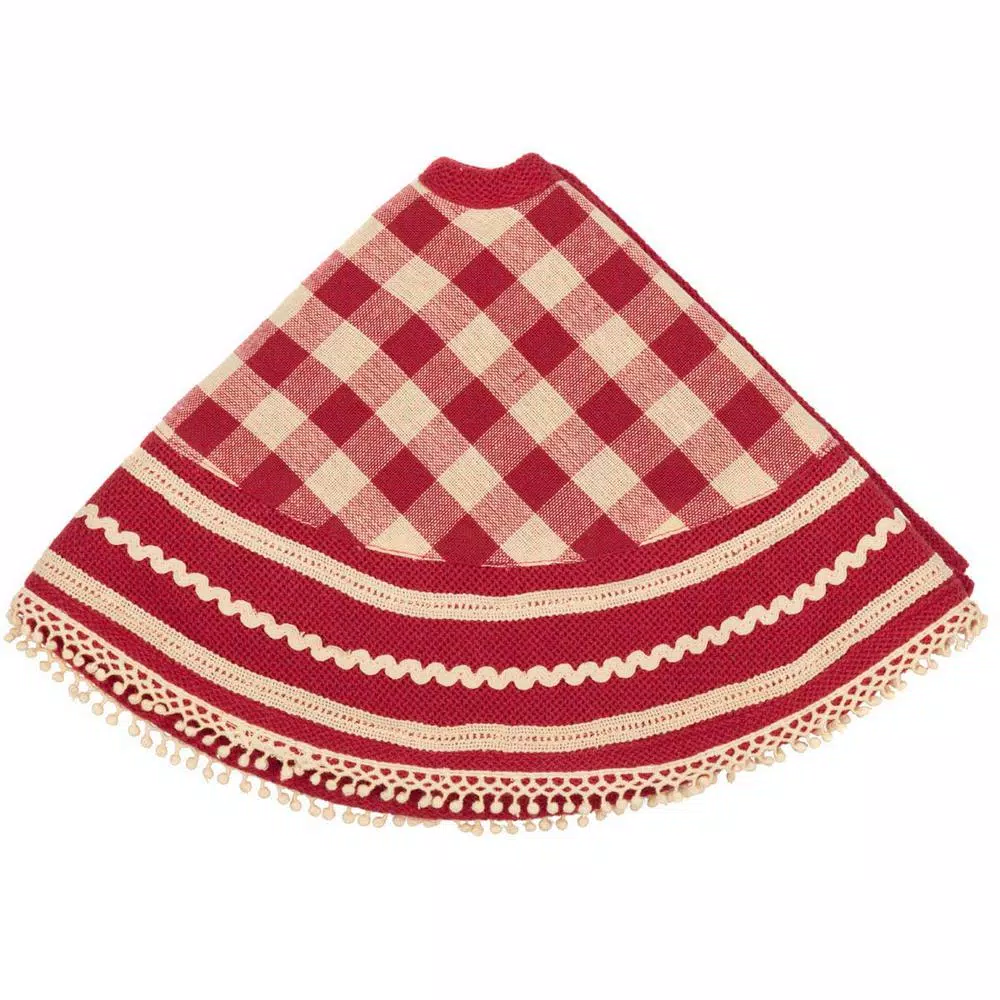 VHC Brands 21 in. Gretchen Cherry Red and Creme Check Farmhouse Christmas Mini Tree Skirt