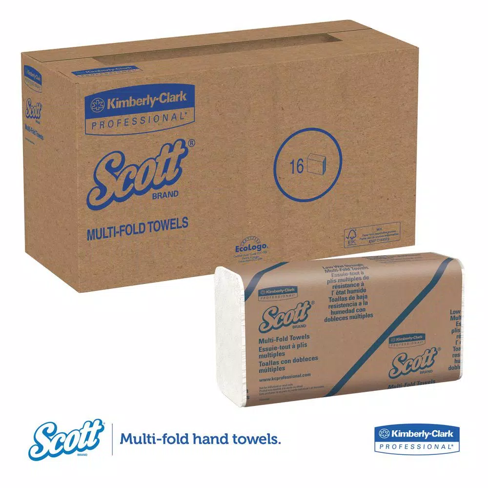 Scott Essential Multi-Fold White Paper Towels, 9.2 x 9.4 in, 250 per Pack, 16 Packs per Carton