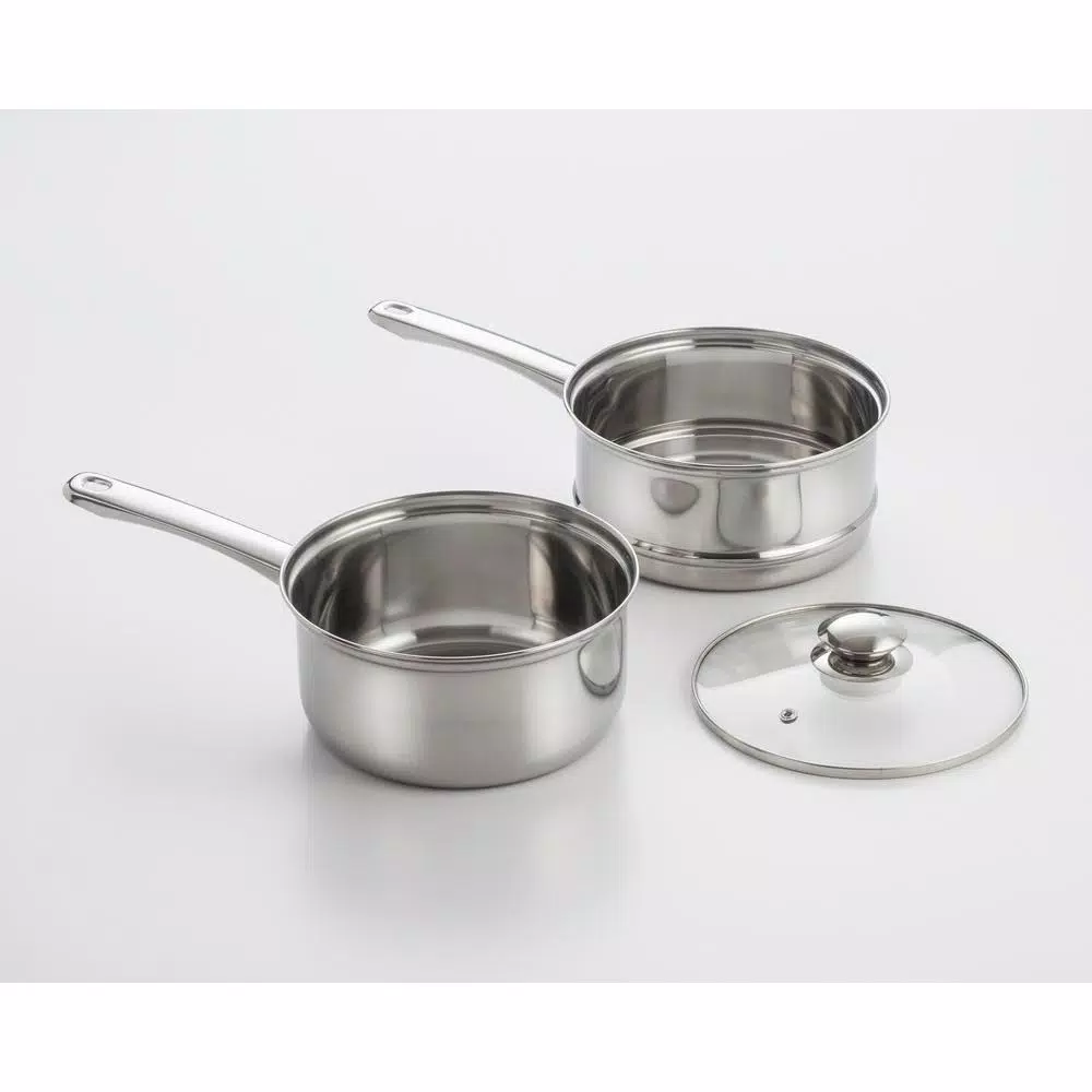 ExcelSteel 3-Piece 2.5 Qt Stainless Steel Double Boiler Set with Tempered Glass Lid