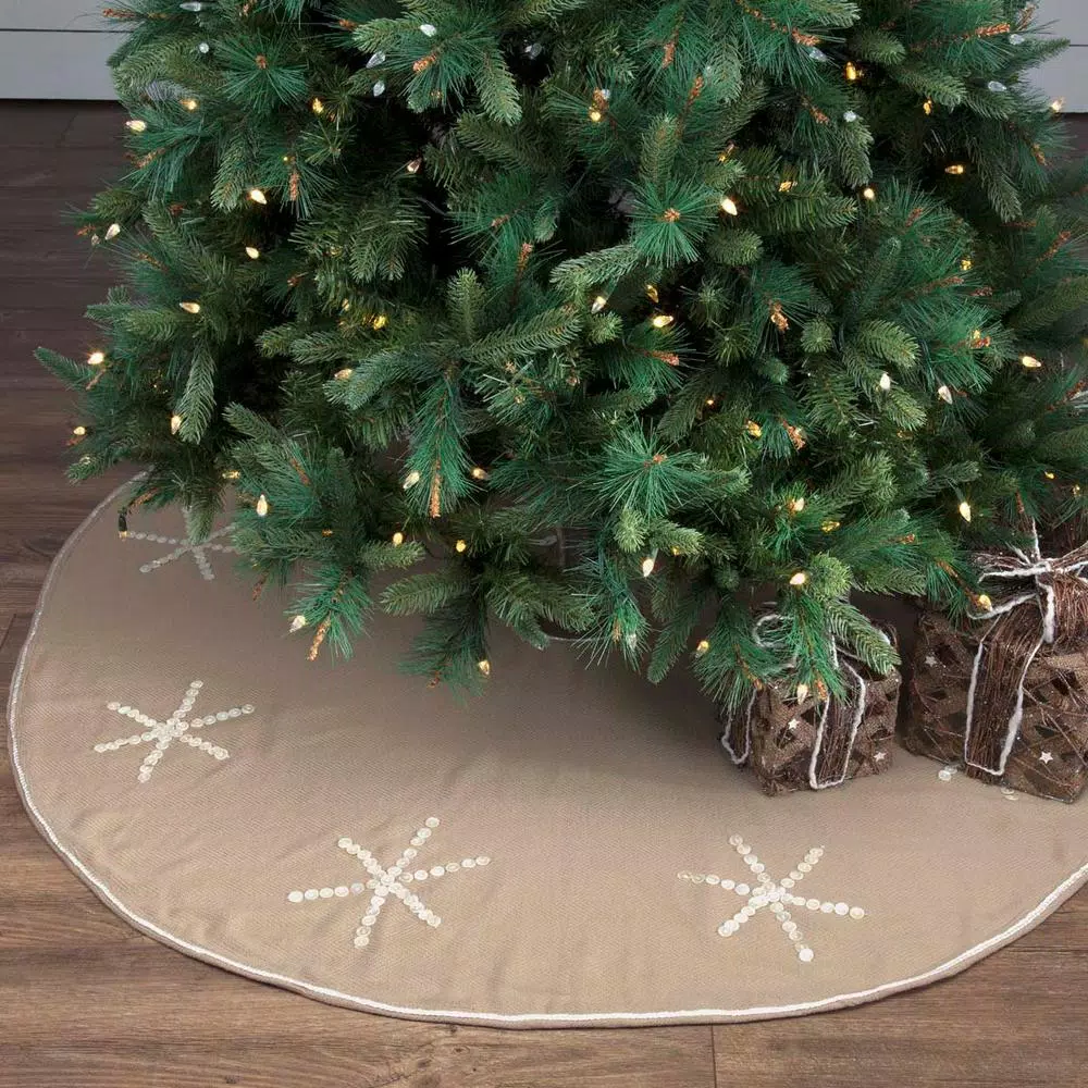 VHC Brands 55 in. Pearlescent Natural Tan Coastal Christmas Tree Skirt with Snowflake Pearl Buttons