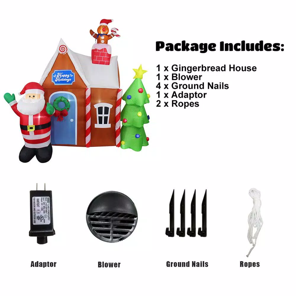 JOYDECOR 7 ft. Santa Claus & Gingerbread House Christmas Inflatable with LED Lights