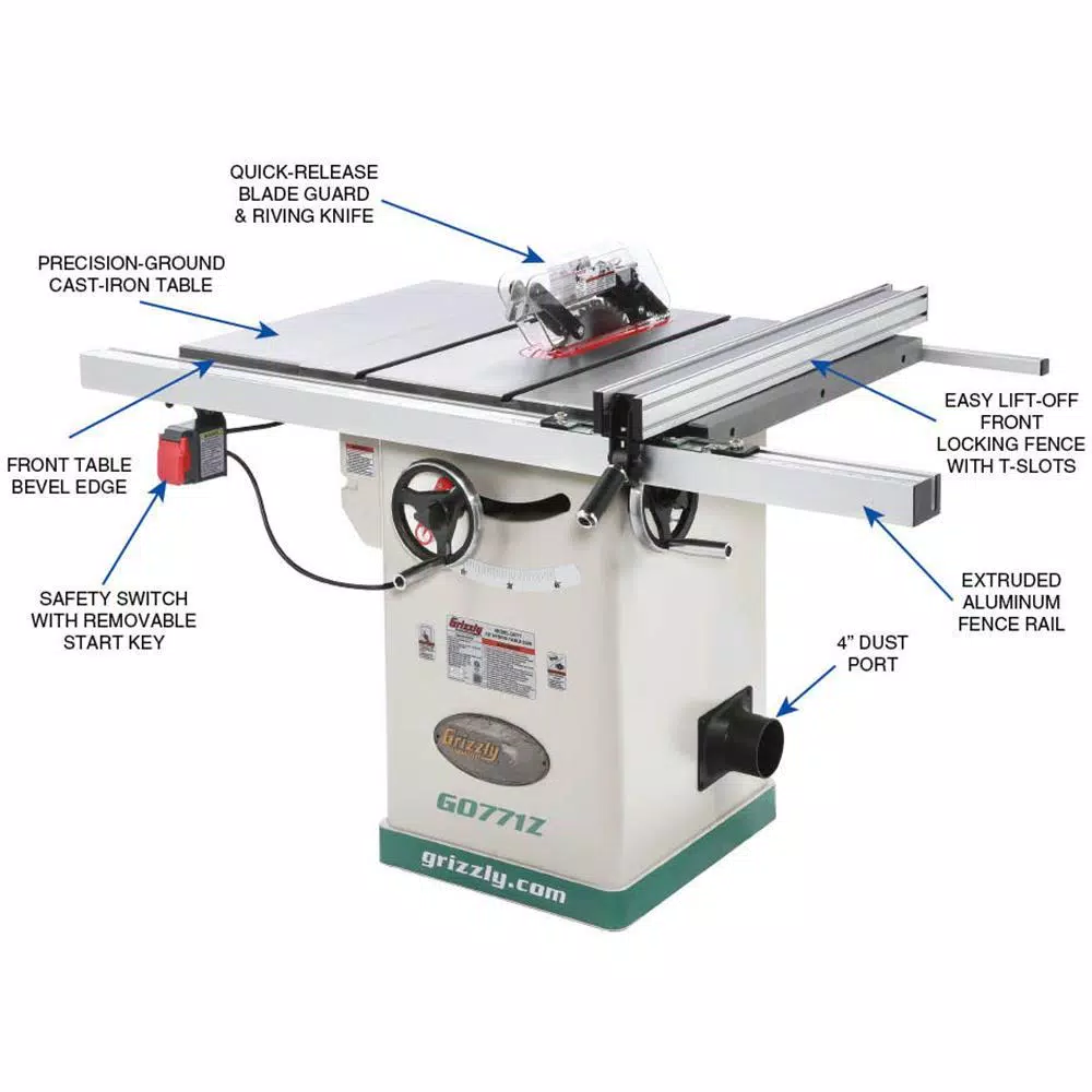 Grizzly Industrial 10 in. 2 HP 120-Volt Hybrid Table Saw with T-Shaped Fence and Cast Iron Table