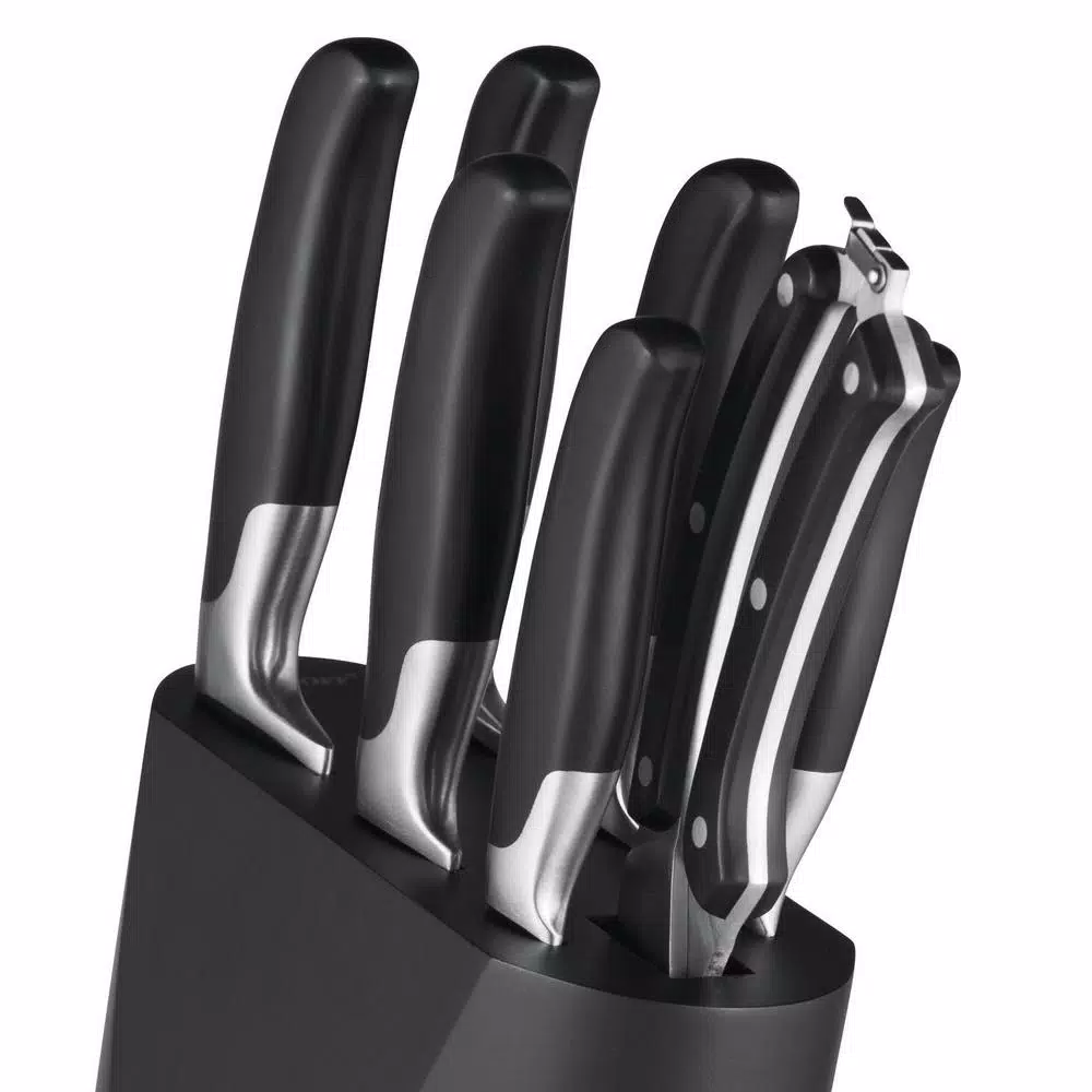 BergHOFF Essential 8-Piece Stainless Steel Knife Block Set with Black Contoured Handles