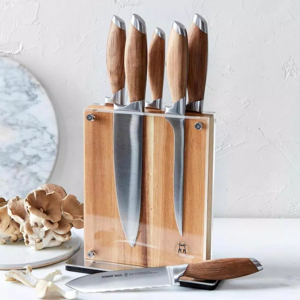 SCHMIDT BROS. Schmidt Brothers 7-Piece Bonded Teak Stainless Steel Knife Set with Acacia Midtown Magnetic Block