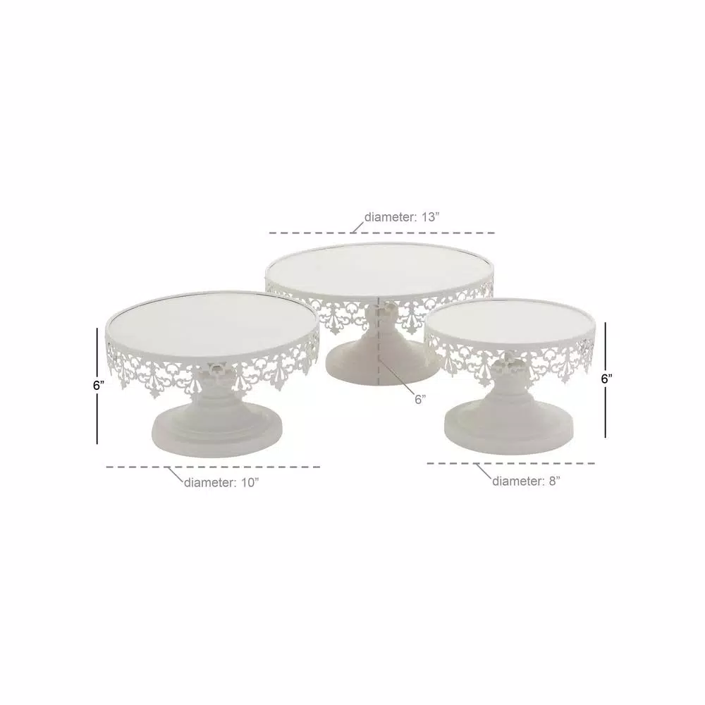 LITTON LANE White Iron Round Cake Stand Set of 3 with Lattice Lace Overhang