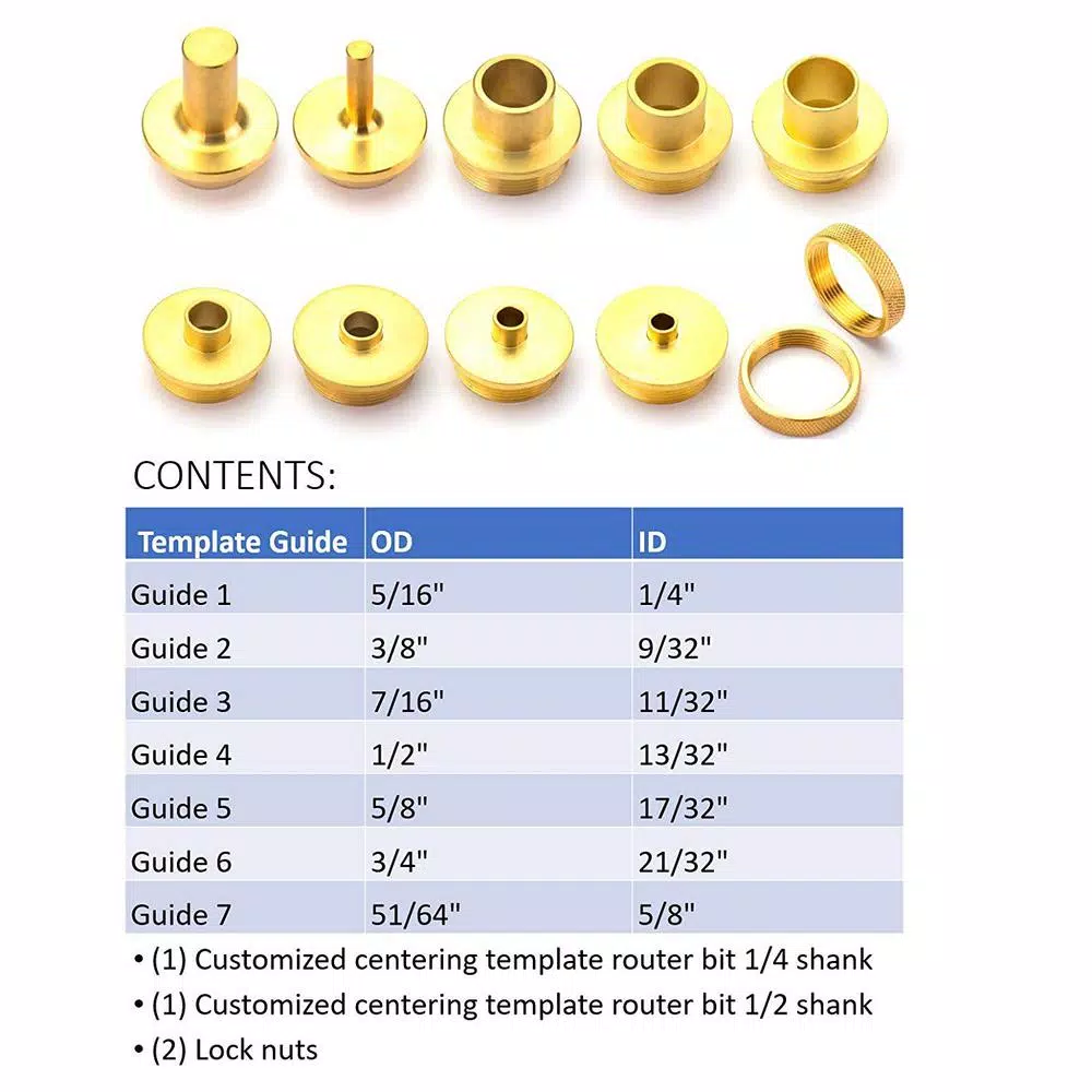 POWERTEC 11-Piece Brass Router Guide Bushing Set with Centering Bits and Lock Nuts