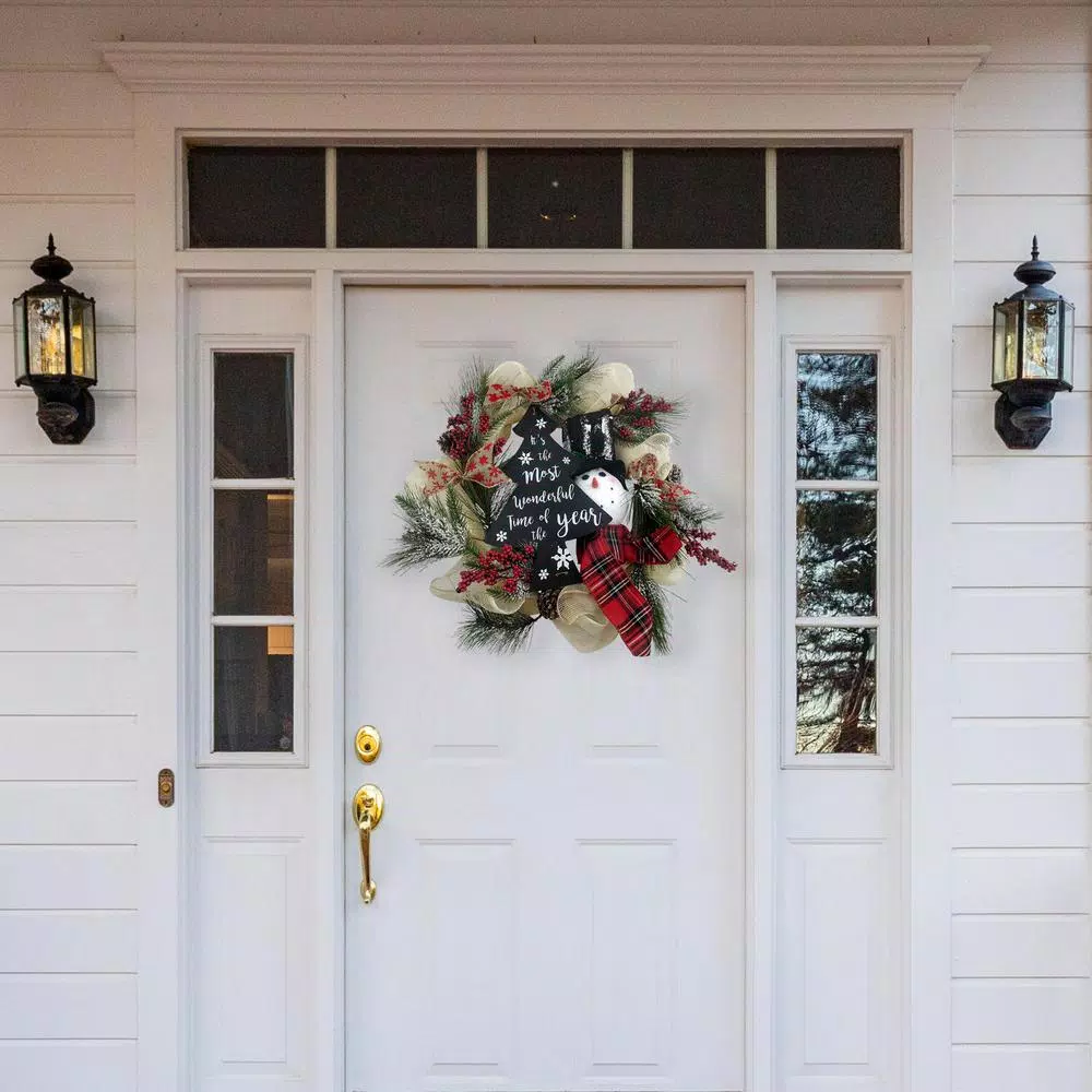 Fraser Hill Farm 20 in. Artificial Christmas Wreath with Snowman, Pinecones, and Berries