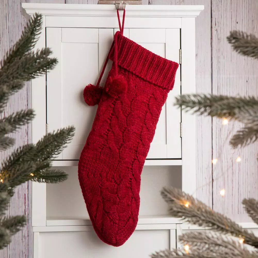 Glitzhome 24 in. Red Knitted Christmas Stocking with Pom Pom Balls - Acrylic