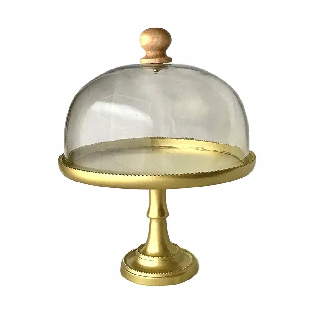 Kauri Design Champagne Gold Mango Wood & Glass 14-Inch Cake Stand