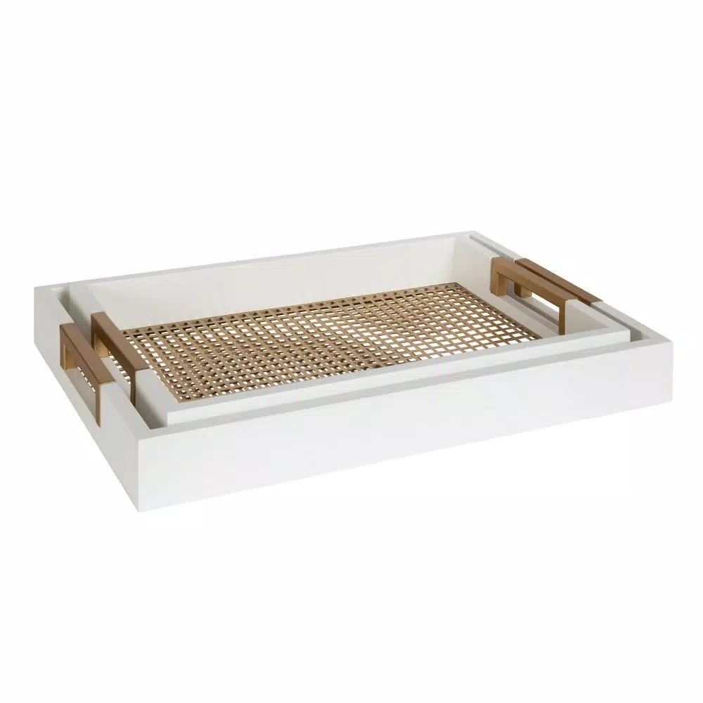 Kate and Laurel Hanneli White and Gold Decorative Tray Set of 2, Wood and Perforated Metal