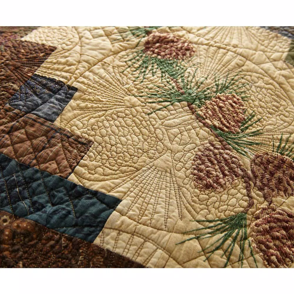Donna Sharp Cabin Raising Pinecone Brown Cotton Throw Blanket, Rustic Botanical Embroidered Design