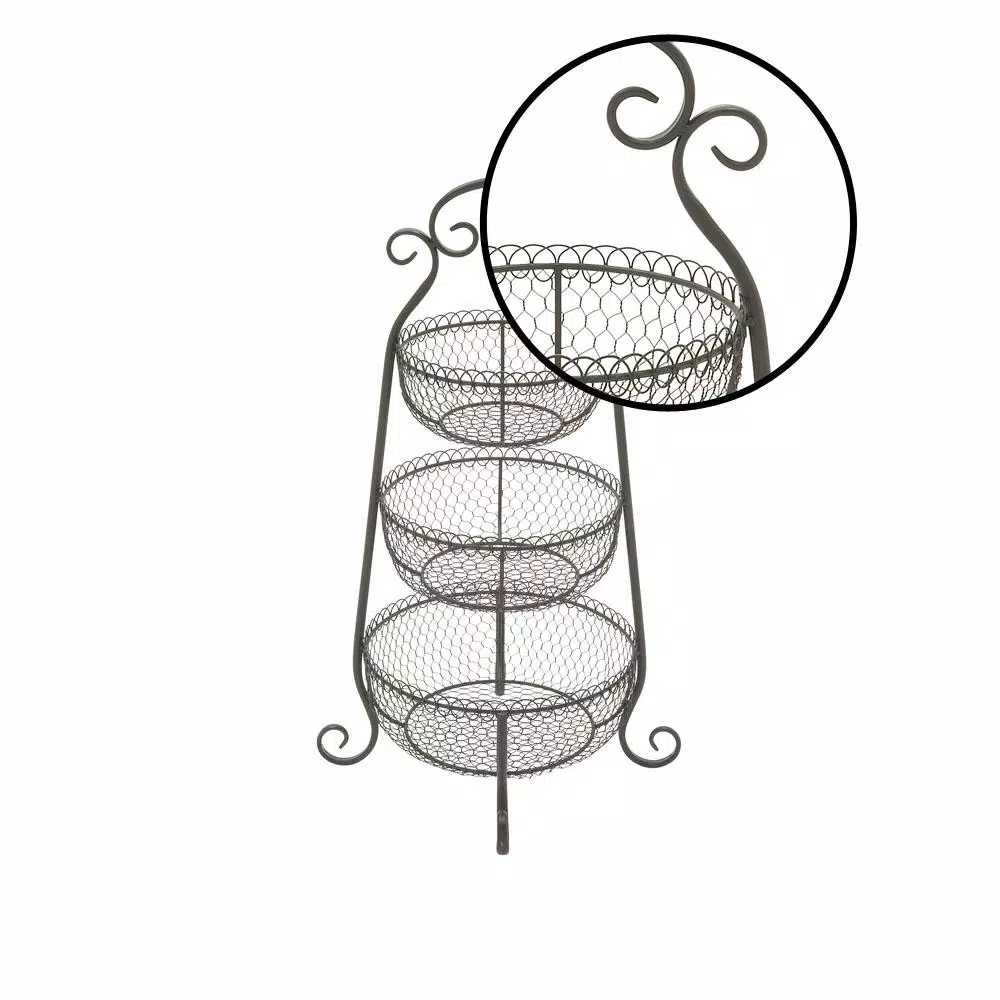 LITTON LANE New Traditional 3-Tier Black Wrought Iron Decorative Basket Tray Stand