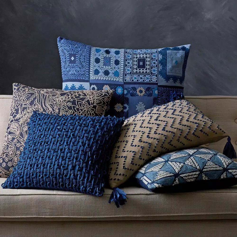 The Company Store Embroidered Blue Geometric 18 in. x 18 in. Decorative Throw Pillow Cover