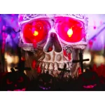 Haunted Hill Farm 71 in. Black Animated Skull Lamp Post with Spooky Music thumbnail 2