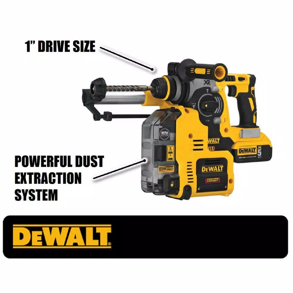 DEWALT 20V MAX XR Brushless 1 in. SDS Plus Rotary Hammer with Onboard Extractor, (2) 5.0 Ah Batteries & Charger