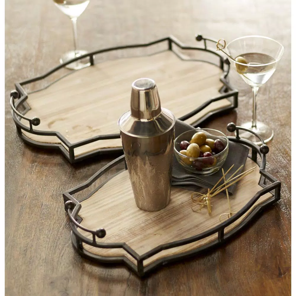 Unbranded Rustic Metal and Wood Decorative Tray Set, Black and Brown Antique Finish, Set of 2