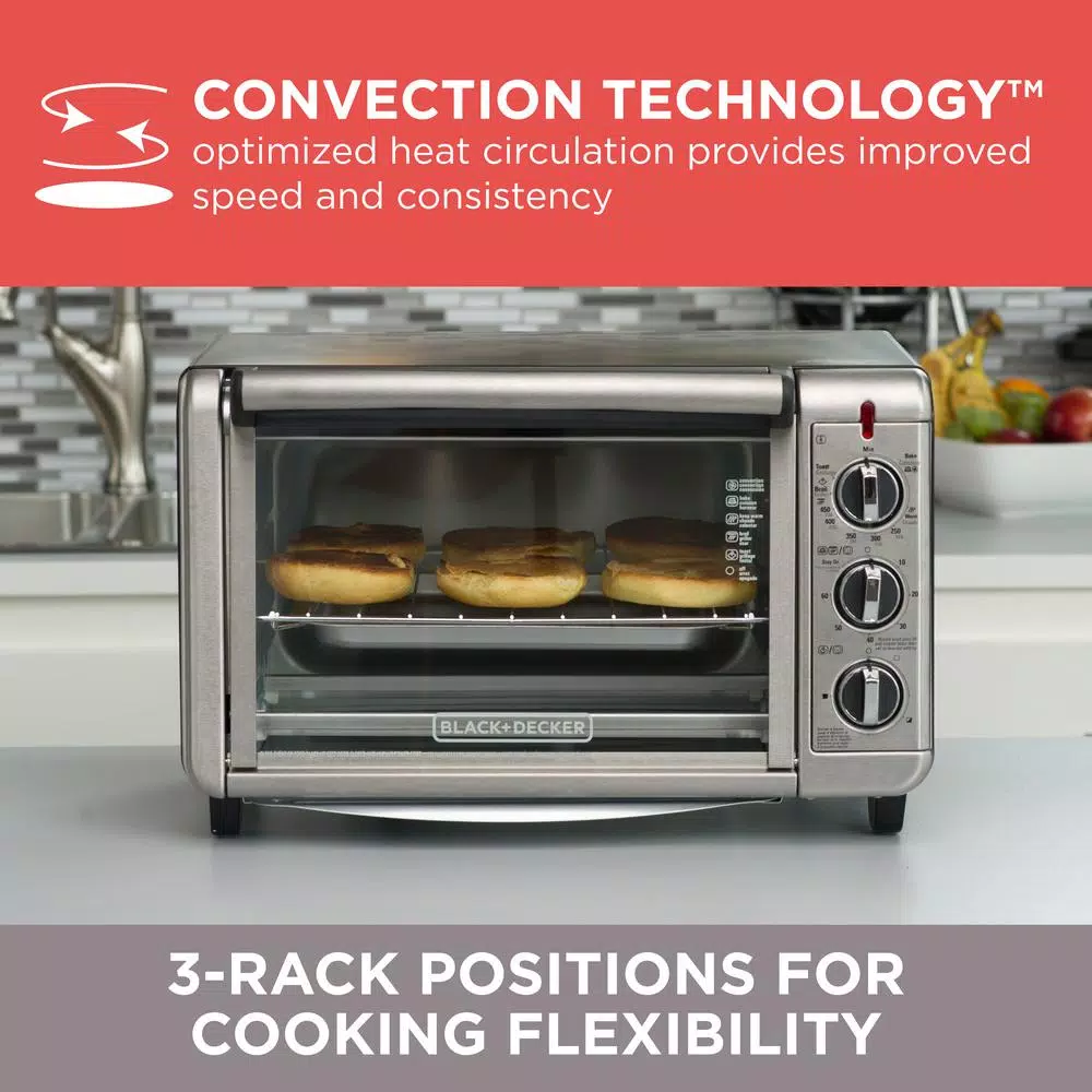 BLACK+DECKER 1500W 6-Slice Convection Toaster Oven with Broiler Pan, Black and Silver