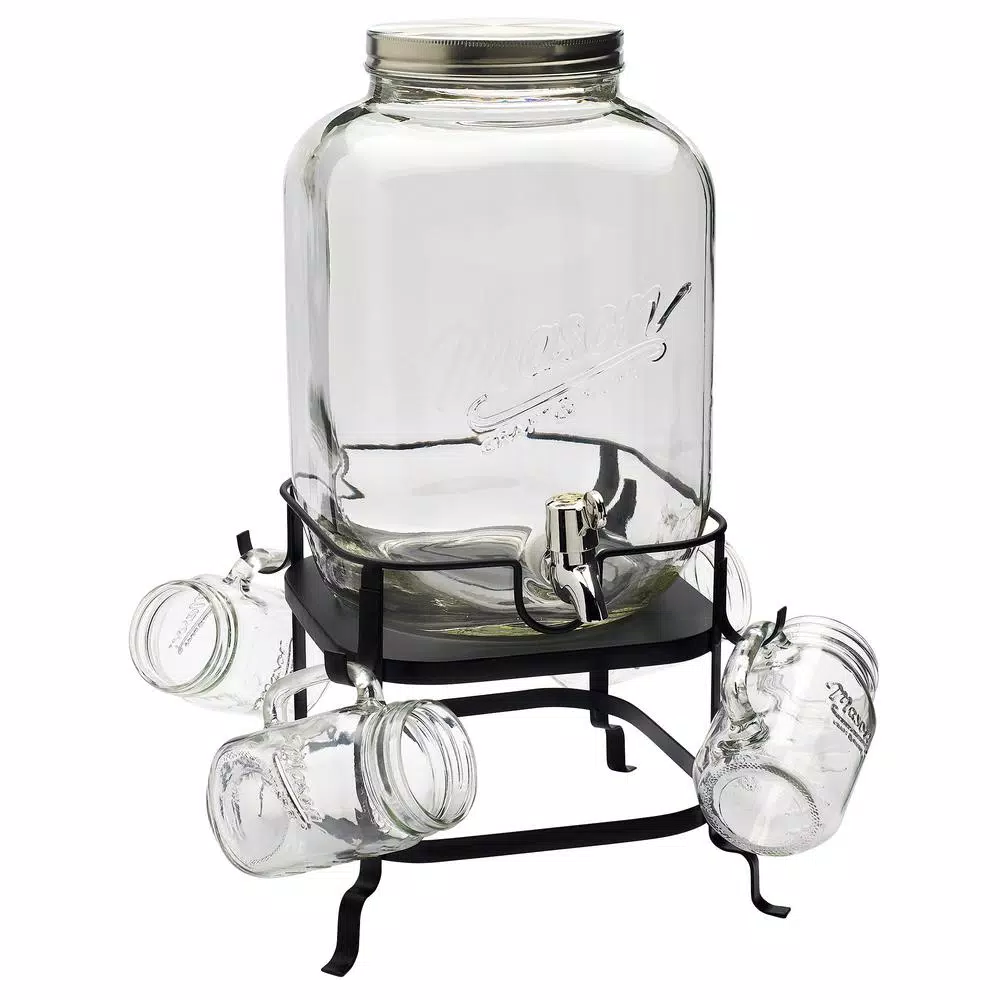 Unbranded Mason Craft and More 6-Piece Glass Beverage Dispenser Set with Metal Rack and 16 oz. Mugs