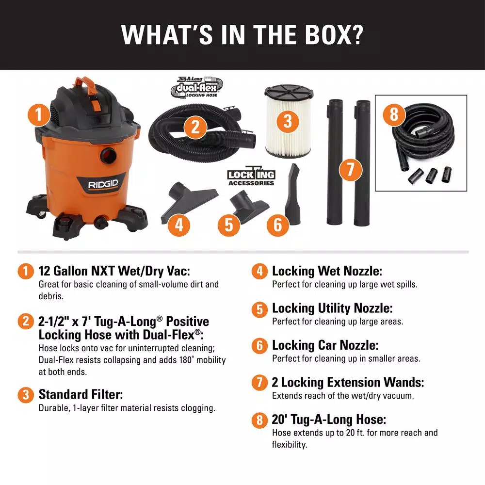 RIDGID 12 Gal. 5.0 Peak HP NXT Wet/Dry Shop Vacuum with 20 ft. Tug-A-Long Hose and Locking Accessories