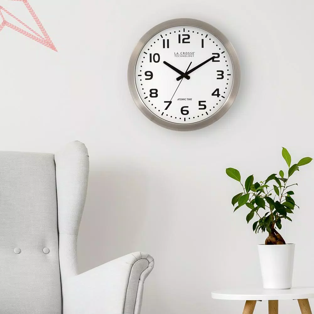 La Crosse Technology WT-3161WH 16 in. Atomic Analog Wall Clock with Brushed Aluminum Frame