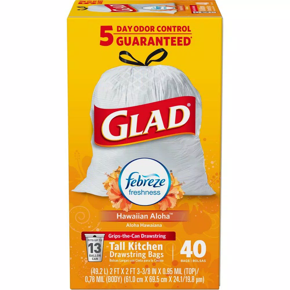 Glad 13 Gallon Tall Kitchen Drawstring Trash Bags, Febreze Hawaiian Aloha Odor Shield, 40-Count