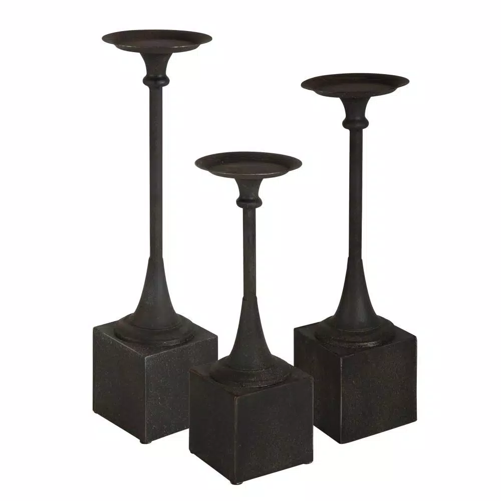 Kate and Laurel Bedrick Black Wood and Metal Candle Holder Set of 3, Modern Farmhouse Pedestal Style