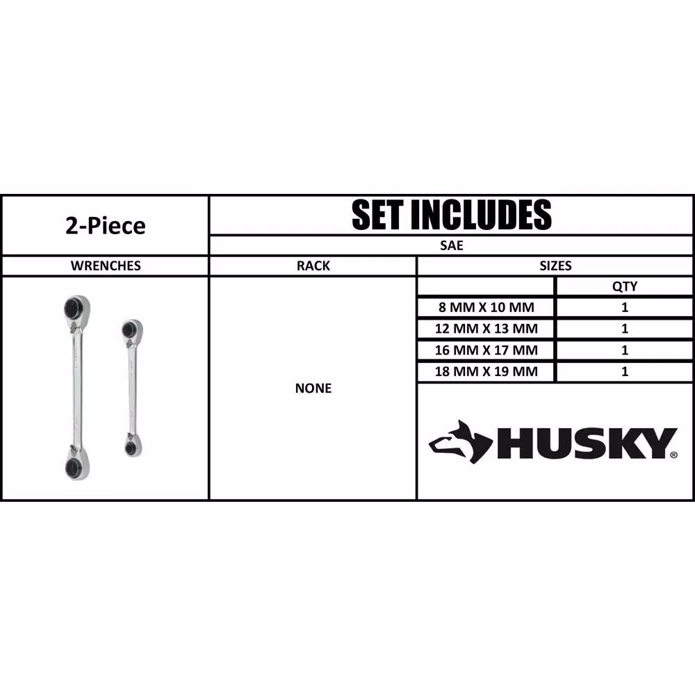Husky 2-Piece Metric Quad Drive 4-in-1 Reversible Ratcheting Wrench Set