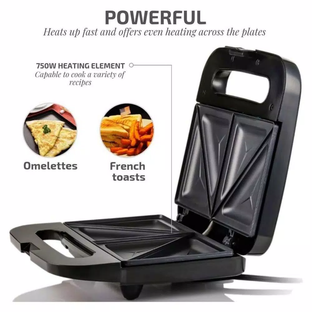 Ovente GPS401 2-Slice Electric Sandwich Maker, 750W Non-Stick Grill, Stainless Steel, Black