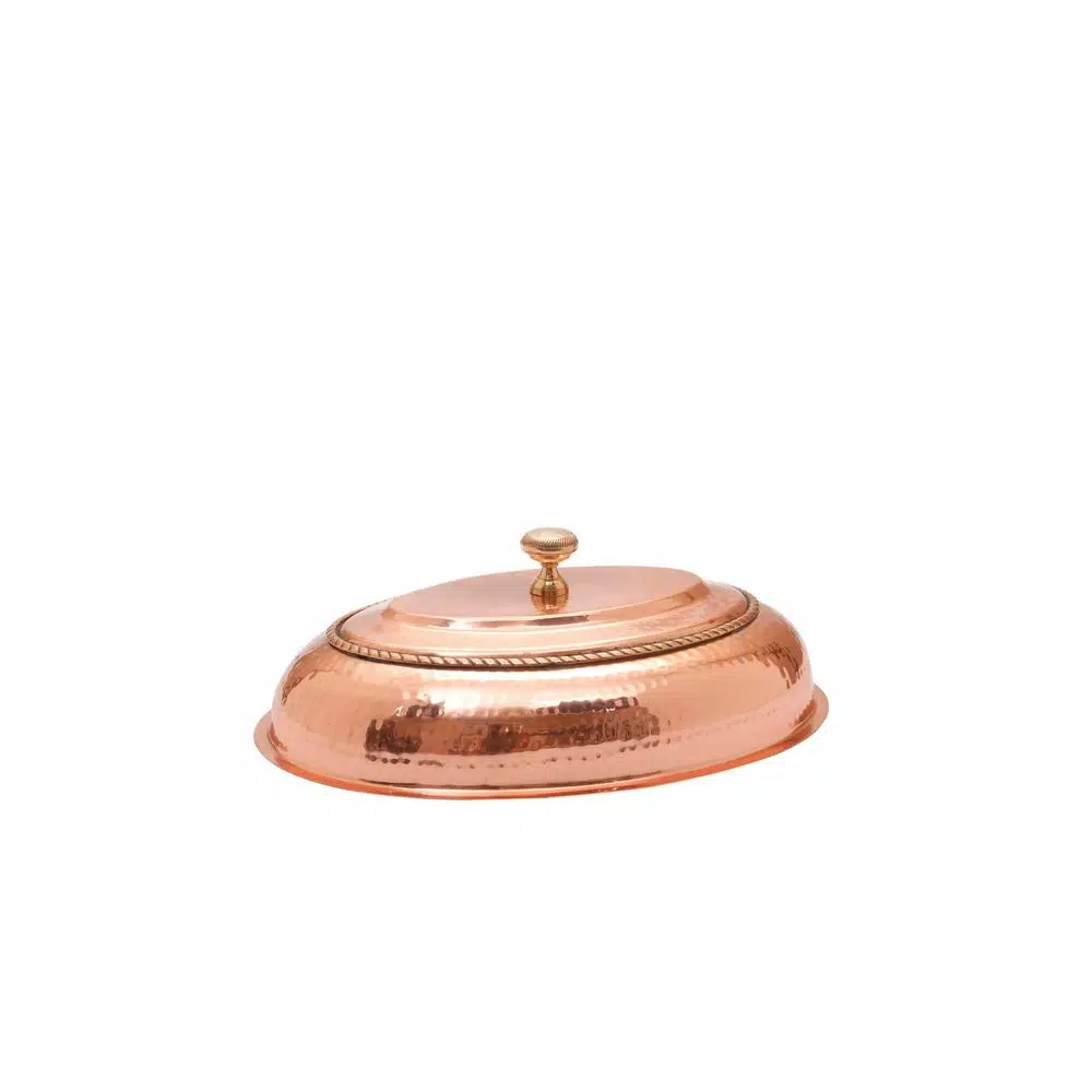 Old Dutch 6 Qt. Oval Copper over Stainless Steel Chafing Dish with Black Iron Stand