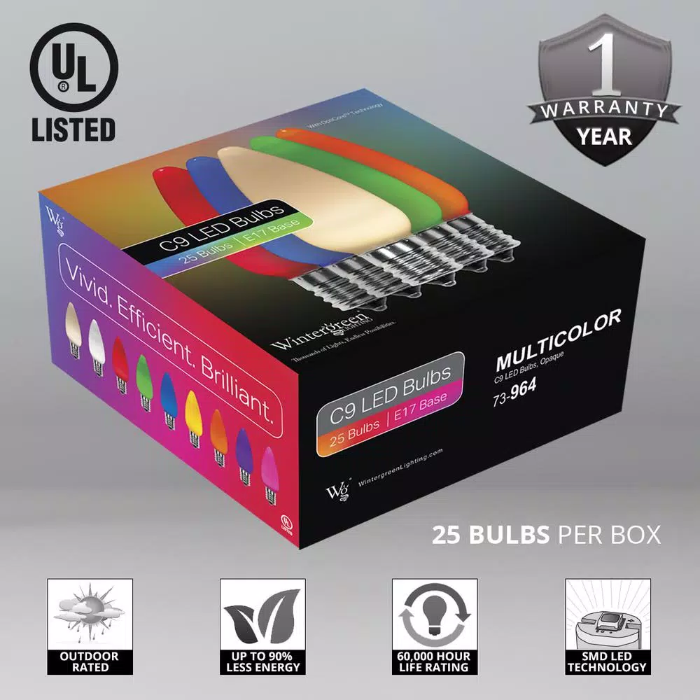 Wintergreen Lighting OptiCore C9 LED Multi-Color Smooth Opaque Christmas Light Bulbs, 25-Pack