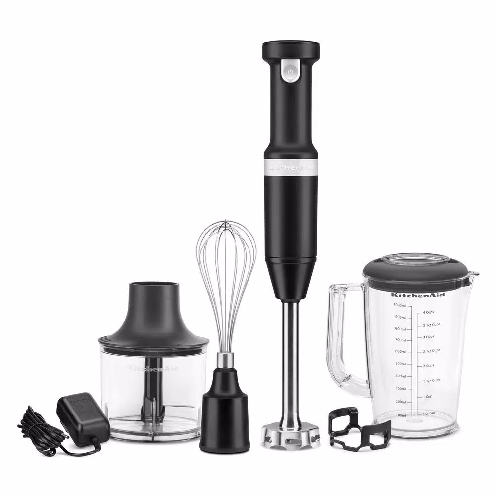 KitchenAid Cordless Variable Speed Hand Blender with Chopper and Whisk Attachments, Black Matte