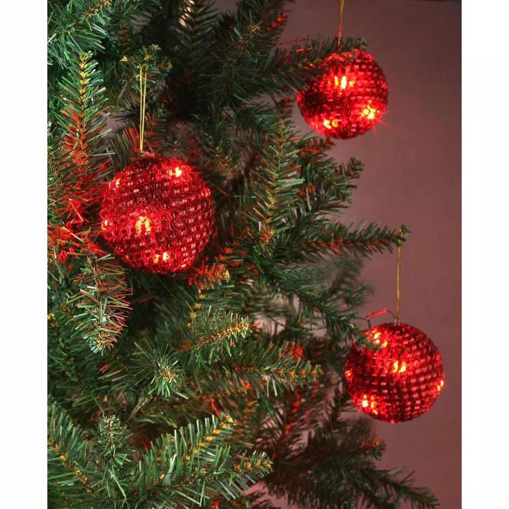 Unbranded Starlite Creations 4-Piece Red Tinsel LED Christmas Ornament Set, 36 Lights, 4 in.