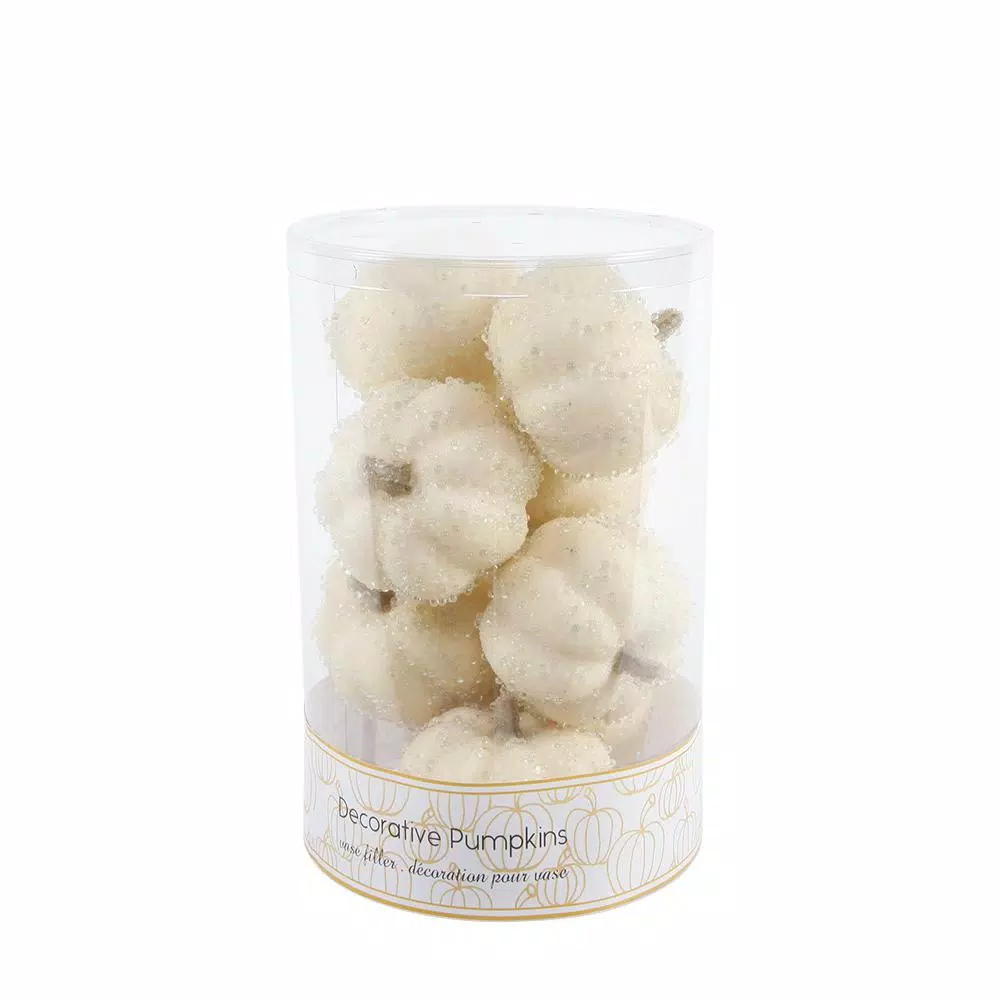 Flora Bunda 8-Piece Cream White Beaded Mini Pumpkin Set - Fall Harvest Indoor Tabletop Decor