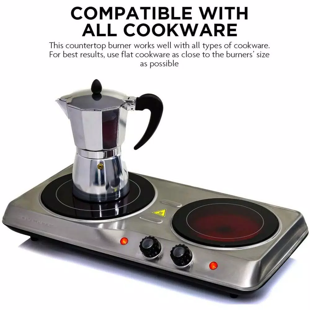 Ovente 1700W Double Electric Hot Plate, Infrared Glass Cooktop with 2 Burners, Silver