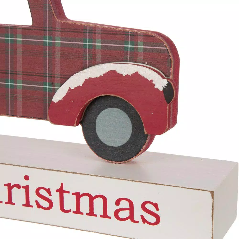 Glitzhome Merry Christmas Red Truck Wooden Table Decor with Christmas Trees