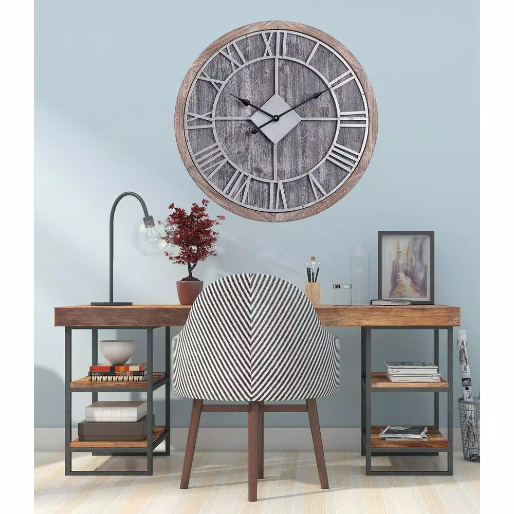 Utopia Alley 28" Oversized Roman Numeral Wall Clock, Gray Wood Finish & Metal Face