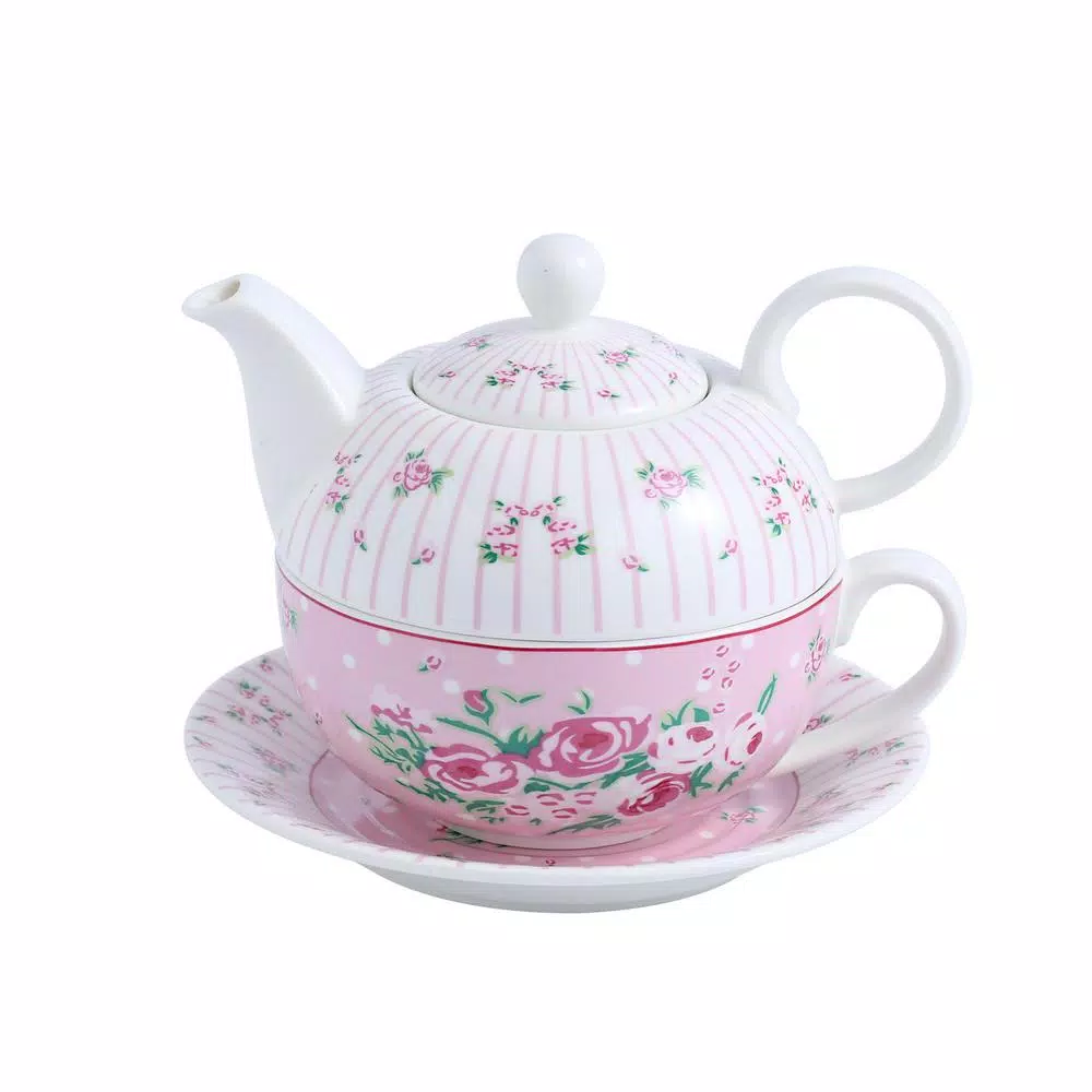 MALACASA Elegant Porcelain Tea Set for One - 3 Piece Teapot, Teacup and Saucer Set, White with Pattern