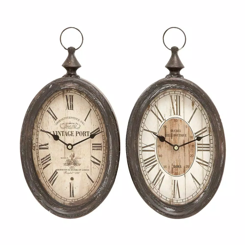 LITTON LANE 2-Pack Antique Reproduction Style Oval Wall Clocks, 15 x 8 in., Rustic Farmhouse Decor
