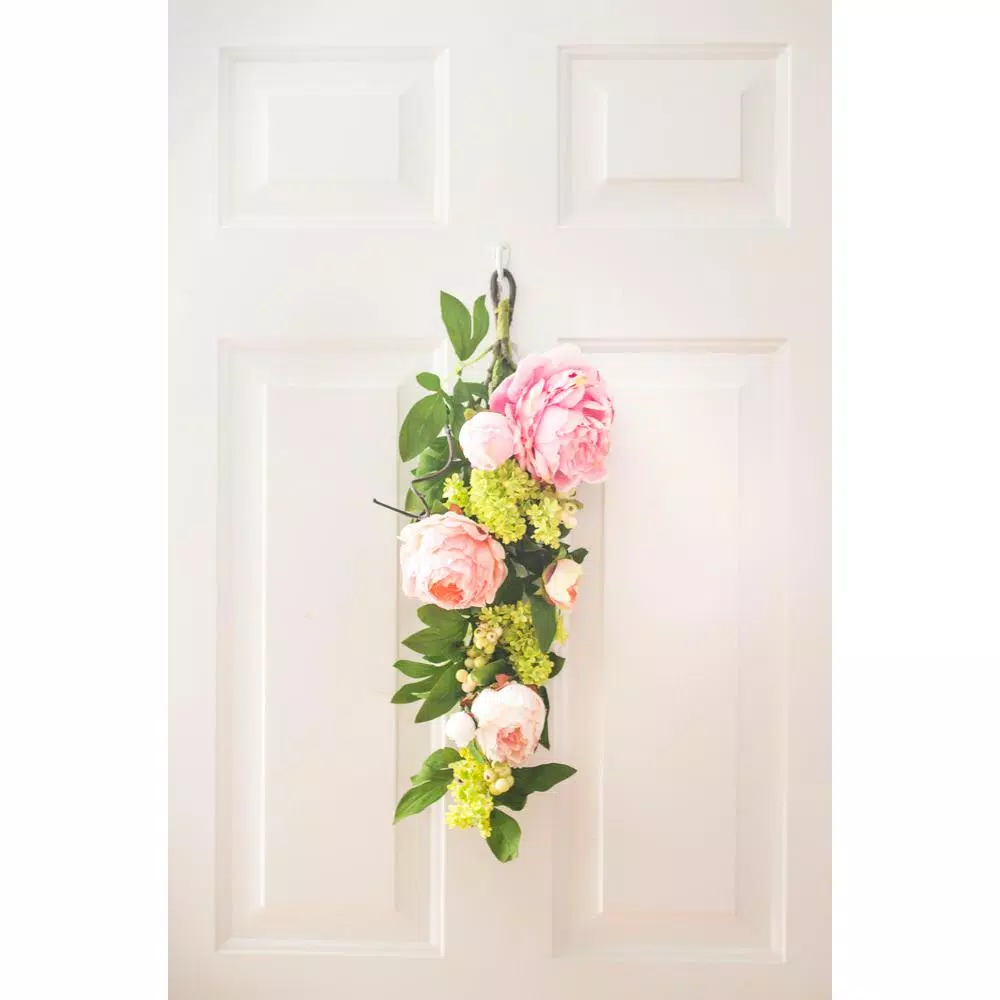 Nearly Natural 24 in. Mixed Pink Peony and Hydrangea Teardrop Floral Swag Wreath