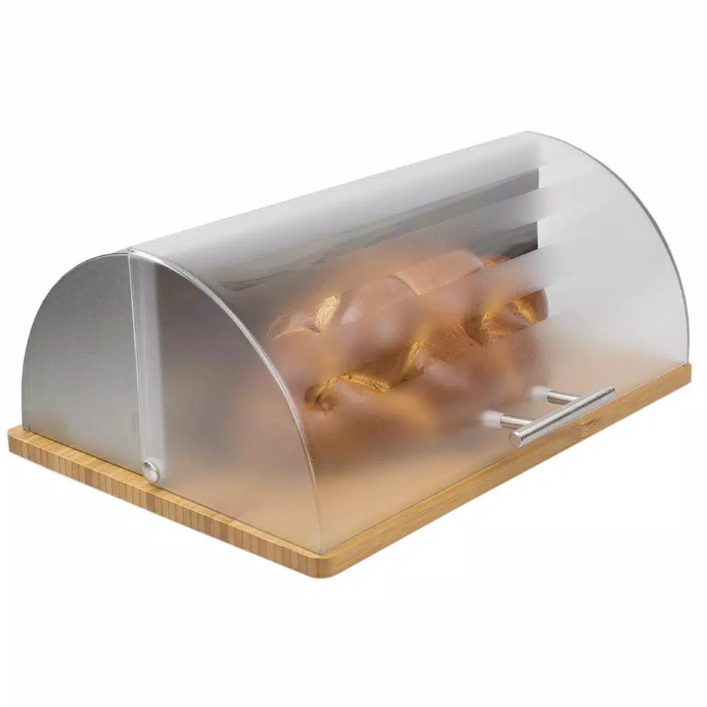 Unbranded Stainless Steel Bread Box with Wood Base and Acrylic Lid, Natural Grey