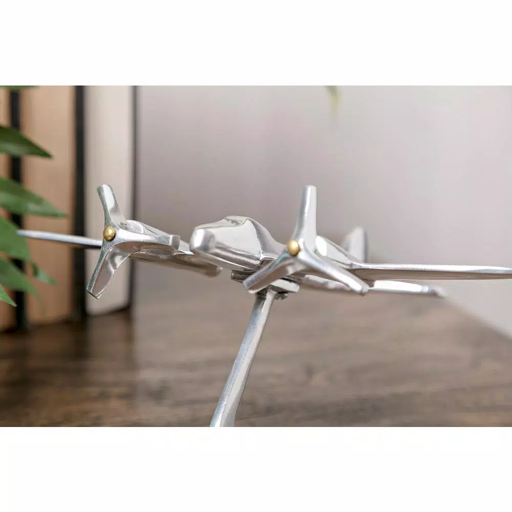 IMAX Retro Airplane Metal Statuary - Silver Cast Aluminum Aviation Figurine