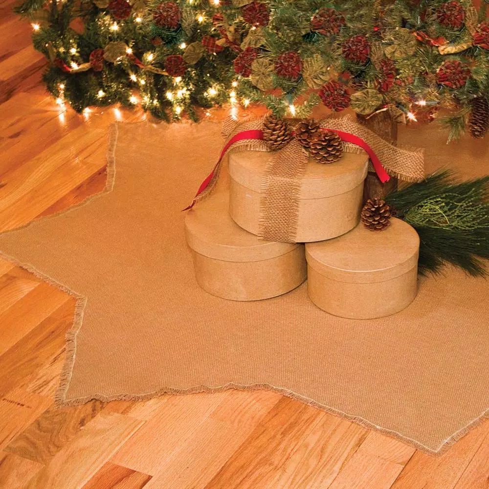 VHC Brands 48 in. Burlap Natural Tan Farmhouse Christmas Tree Skirt with 8-Point Star Design