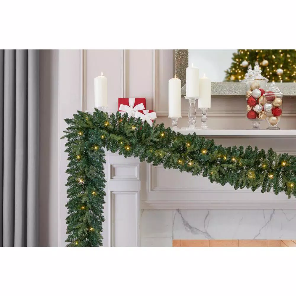 Home Accents Holiday Home Holiday Accents 9 ft. Mayfield Pre-lit LED Artificial Balsam Fir Garland with 50 Warm White Micro Dot Lights