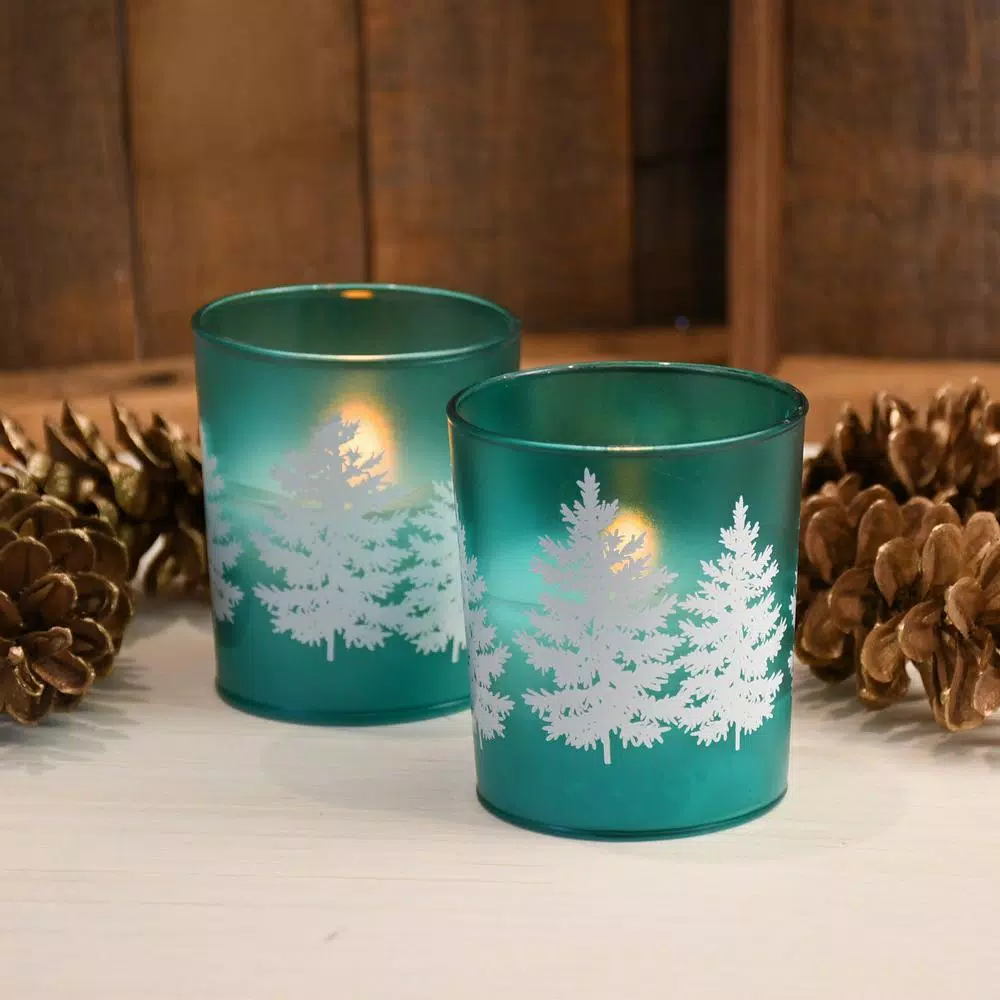 LUMABASE LED Wax Candle in Green Pine Glass, Set of 2