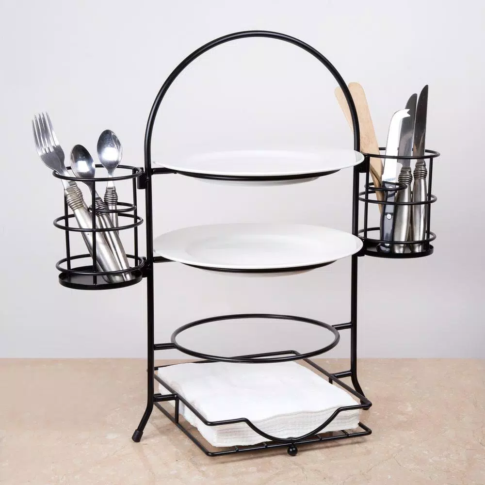 Creative Home 3-Tier Black Iron Buffet Caddy Serving Rack with Napkin and Flatware Holders