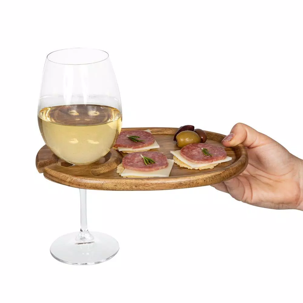 Picnic Time Acacia Wood Wine & Appetizer Plates with Glass Notch - Set of 4
